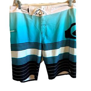 Quiksilver Board Shorts Mens 36 Blue Stripes Black Swim Trunks Beach Surf Retro